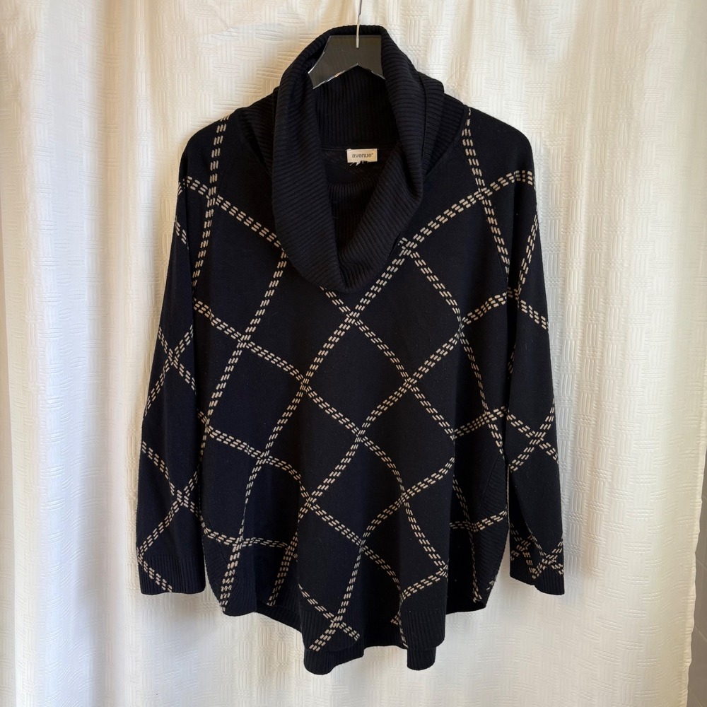 Avenue Womens Plus Size 18/20 Cowl Neck Sweater‎ Black Tan Grid Argyle